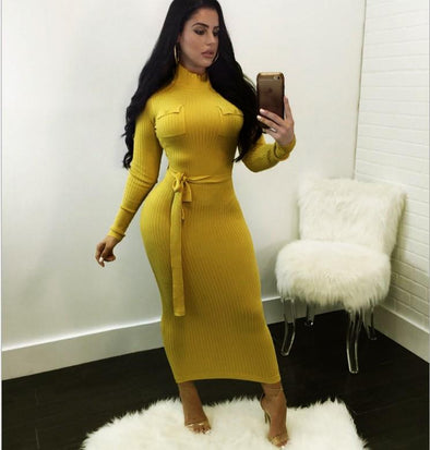 Bandage High Neck Collar Long Sleeve Bodycon Dresses