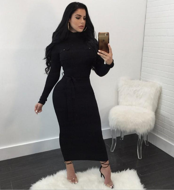 Bandage High Neck Collar Long Sleeve Bodycon Dresses