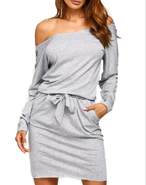 Bevel Shoulder Bandage Long Sleeve Bodycon Dresses