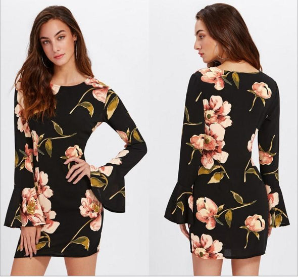 Chiffon Printing Bell Sleeve Round Neck Bodycon Dresses