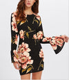 Chiffon Printing Bell Sleeve Round Neck Bodycon Dresses