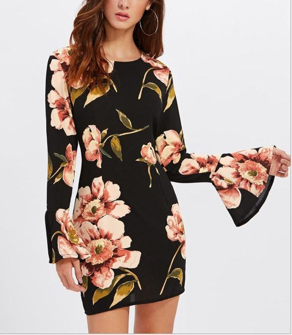 Chiffon Printing Bell Sleeve Round Neck Bodycon Dresses