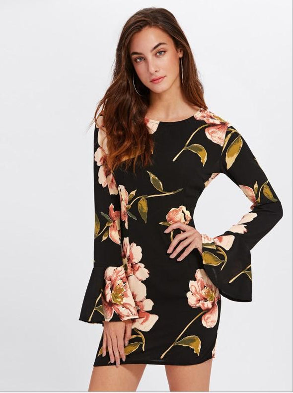 Chiffon Printing Bell Sleeve Round Neck Bodycon Dresses