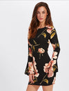 Chiffon Printing Bell Sleeve Round Neck Bodycon Dresses