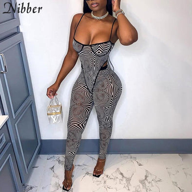 2021 Nibber fashion Casual pattern print Spaghetti Strap Bodysuit and leggings two Piece Set Women sexy Mesh See Through slim outfit