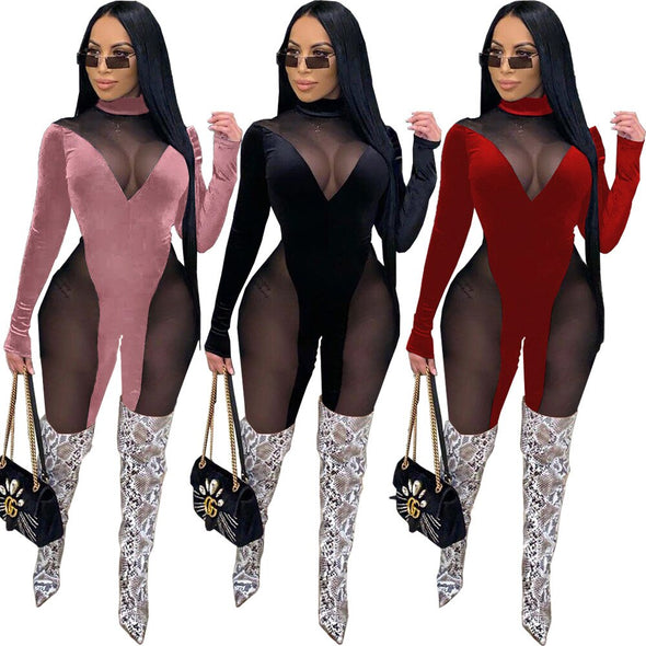 New Sexy Mesh Spliced Autumn Winter Women Jumpsuit Night Club Crew Neck Long Sleeve Pleated Bandage High Waist One Piece Overall