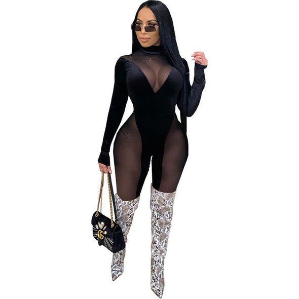 New Sexy Mesh Spliced Autumn Winter Women Jumpsuit Night Club Crew Neck Long Sleeve Pleated Bandage High Waist One Piece Overall