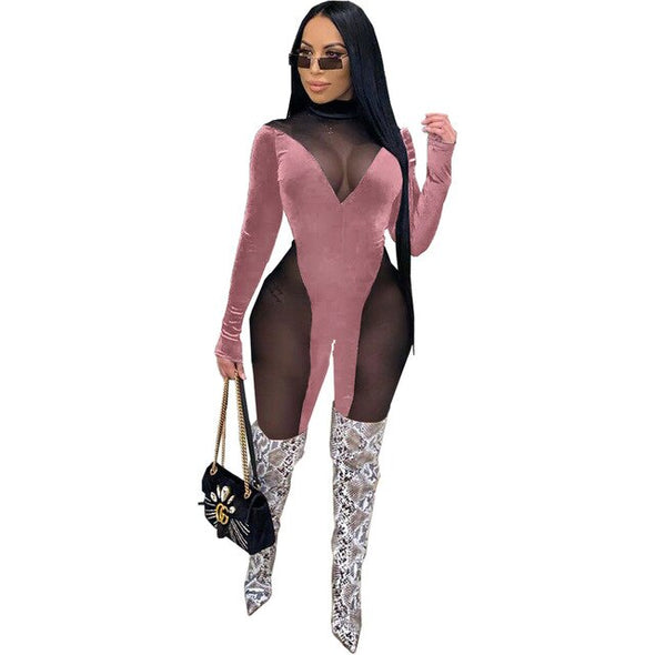 New Sexy Mesh Spliced Autumn Winter Women Jumpsuit Night Club Crew Neck Long Sleeve Pleated Bandage High Waist One Piece Overall