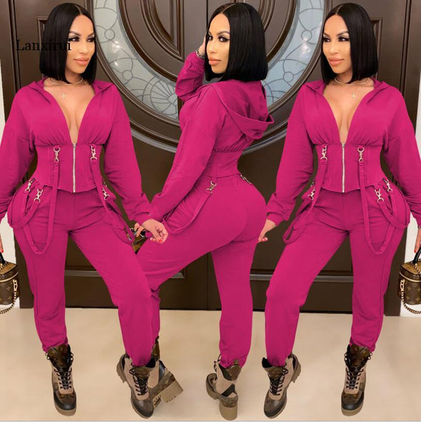 Solid Casual Two Piece Set Winter New Long Sleeve Women Set Outfits Fashion Sexy Hooded Overalls Long Pants Set Tracksuit