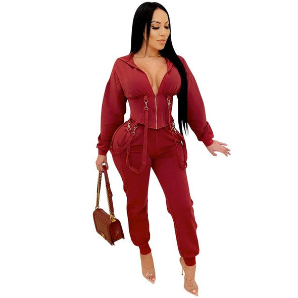 Solid Casual Two Piece Set Winter New Long Sleeve Women Set Outfits Fashion Sexy Hooded Overalls Long Pants Set Tracksuit