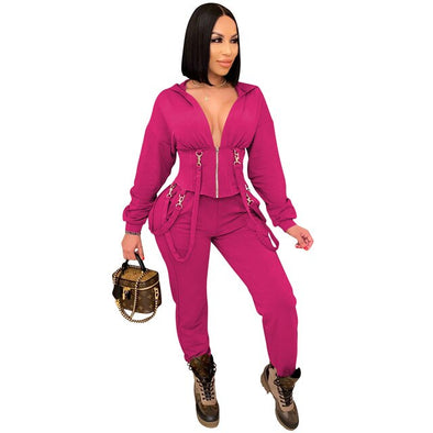 Solid Casual Two Piece Set Winter New Long Sleeve Women Set Outfits Fashion Sexy Hooded Overalls Long Pants Set Tracksuit