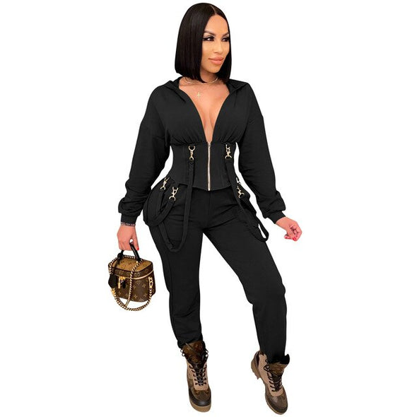 Solid Casual Two Piece Set Winter New Long Sleeve Women Set Outfits Fashion Sexy Hooded Overalls Long Pants Set Tracksuit