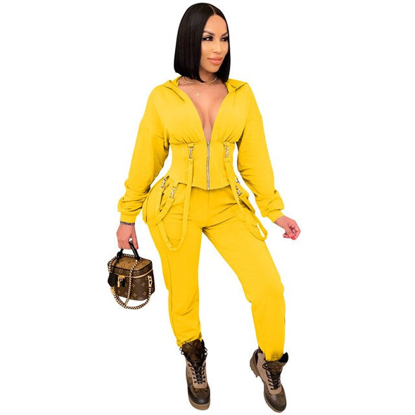 Solid Casual Two Piece Set Winter New Long Sleeve Women Set Outfits Fashion Sexy Hooded Overalls Long Pants Set Tracksuit