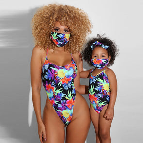 2021 Sexy Women Monokini Family Matching Swimwear Mommy And Me Ruffle Pineapple Print One-piece Halter Swimsuit With Mask
