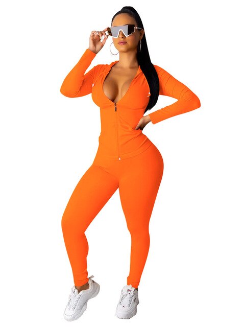 2021 Fluorescence Green Orange Woman's Sport Suit Autumn Clothes Full Sleeve Hooded Bandage Jackets + Fitness Pant 2 Piece Tracksuit