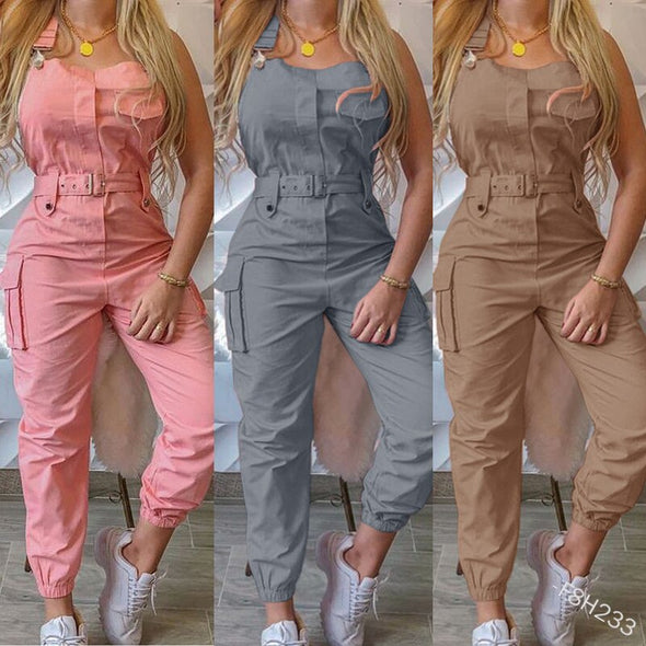 2021 High Street Women Solid Frock Jumpsuits Fashion Casual Sleeveless Bunch Of Foot Suspender Rompers With Belt Pockets Street Snap