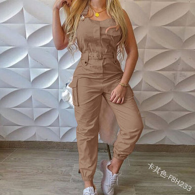 2021 High Street Women Solid Frock Jumpsuits Fashion Casual Sleeveless Bunch Of Foot Suspender Rompers With Belt Pockets Street Snap