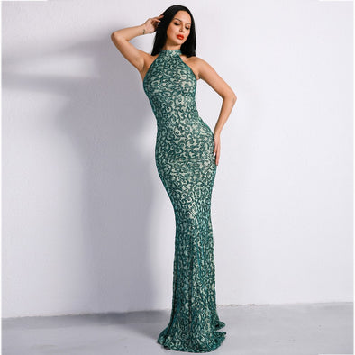 Sexy High Neck Sleeveless Glitter Retro Dresses Women Maxi Party Elegant Dress