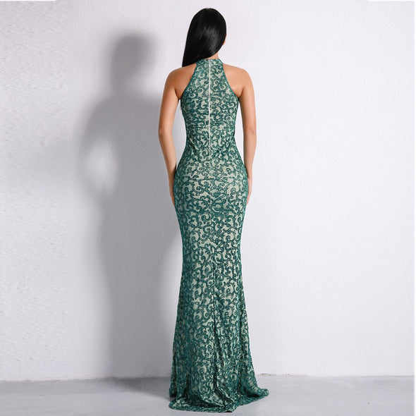 Sexy High Neck Sleeveless Glitter Retro Dresses Women Maxi Party Elegant Dress