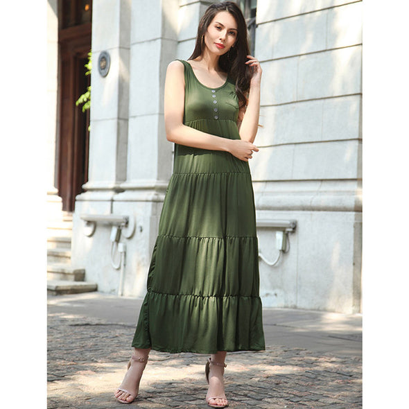 2022 Summer Solid Colour Ladies Spaghetti Strap Casual Sleeveless Pleated Dresses