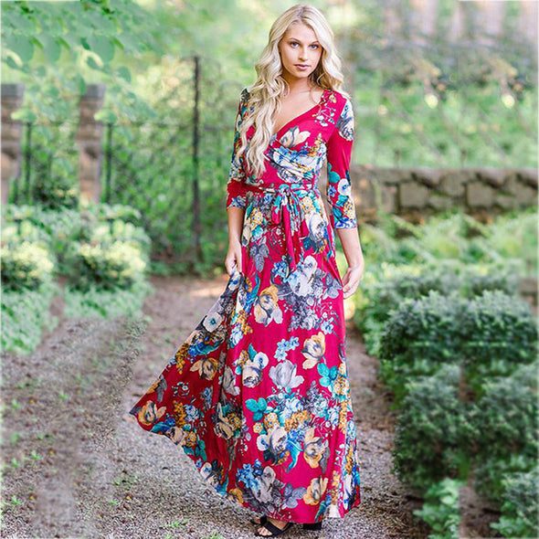 Sexy Deep V Neck Beach Casual Half Sleeve Boho Printed Women Long Maxi Dresses