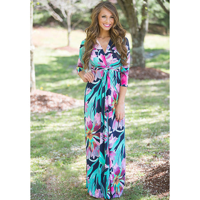 Sexy Deep V Neck Beach Casual Half Sleeve Boho Printed Women Long Maxi Dresses