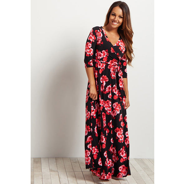 Sexy Deep V Neck Beach Casual Half Sleeve Boho Printed Women Long Maxi Dresses