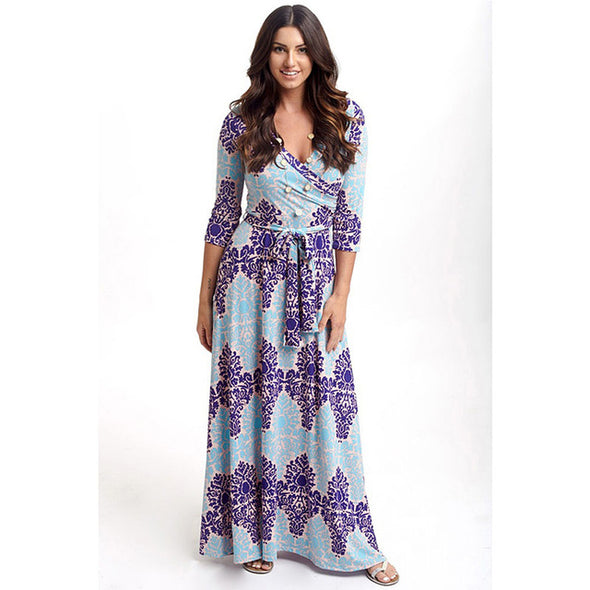 Sexy Deep V Neck Beach Casual Half Sleeve Boho Printed Women Long Maxi Dresses