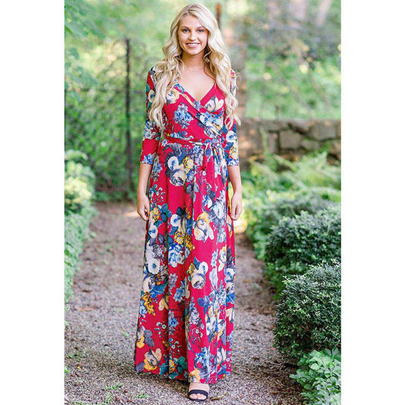 Sexy Deep V Neck Beach Casual Half Sleeve Boho Printed Women Long Maxi Dresses