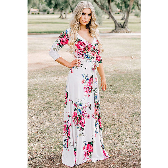 Sexy Deep V Neck Beach Casual Half Sleeve Boho Printed Women Long Maxi Dresses