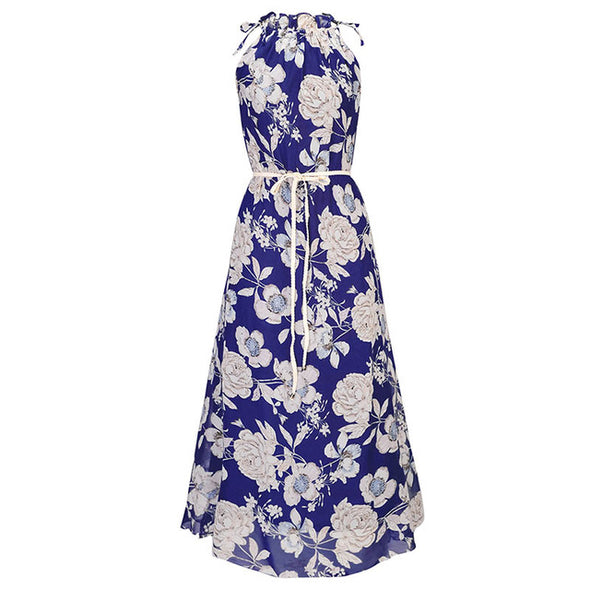 Floral Flowers Printed Halter Dress Sexy With Belt Maxi Dress