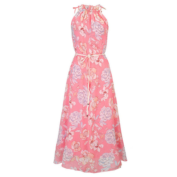 Floral Flowers Printed Halter Dress Sexy With Belt Maxi Dress