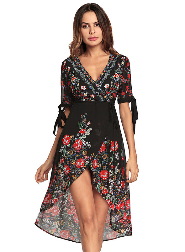 Boho Sexy Deep V Chiffon Dress Floral Print  Midi Dress