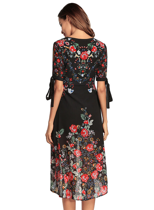 Boho Sexy Deep V Chiffon Dress Floral Print  Midi Dress