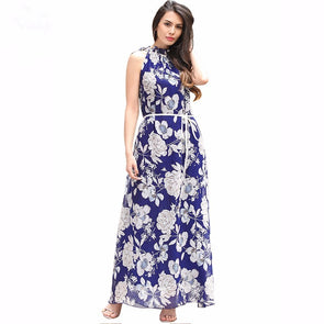 Floral Flowers Printed Halter Dress Sexy With Belt Maxi Dress