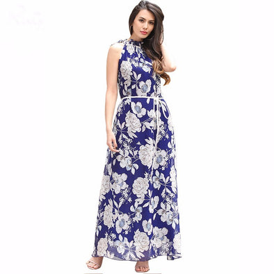 Floral Flowers Printed Halter Dress Sexy With Belt Maxi Dress