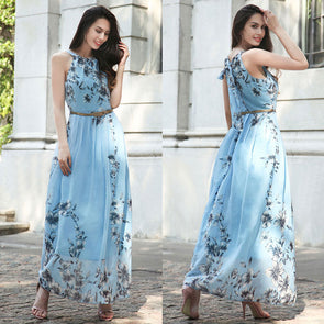 Bohemian Sexy Off Shoulder Floral Print Casual Chiffon Belt Dress