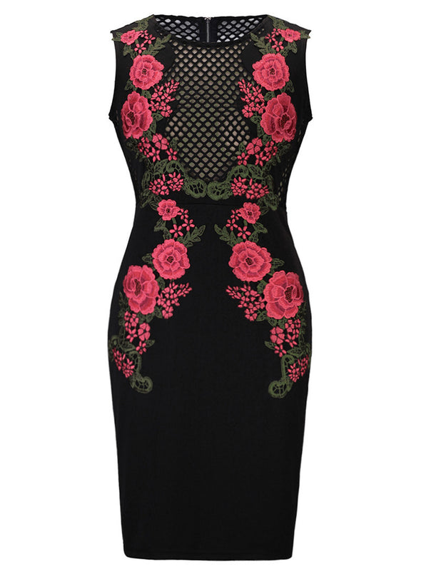 Women Hollow Out  Tunic Embroidery Print Sexy Tank Bodycon Dress