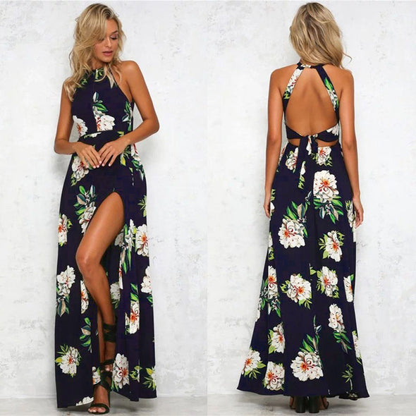 Floral Backless High Split Tie Waist Cutout Maxi Dress