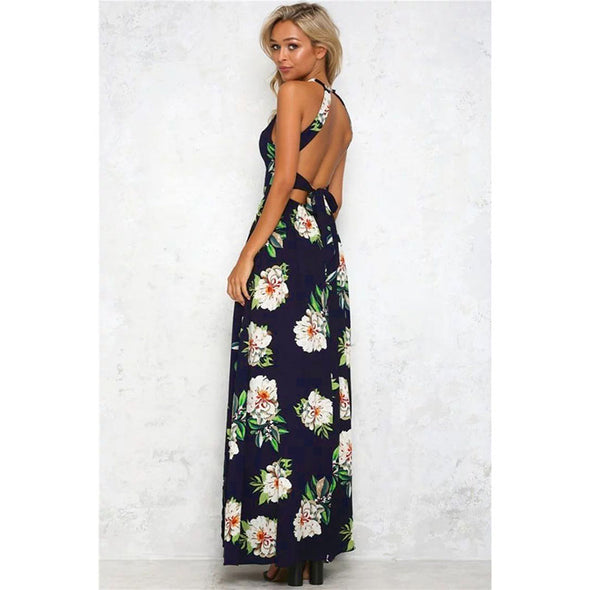 2022 Summer Floral Backless Halter High Split Hollow Out beach dress