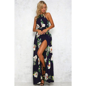 2022 Summer Floral Backless Halter High Split Hollow Out beach dress