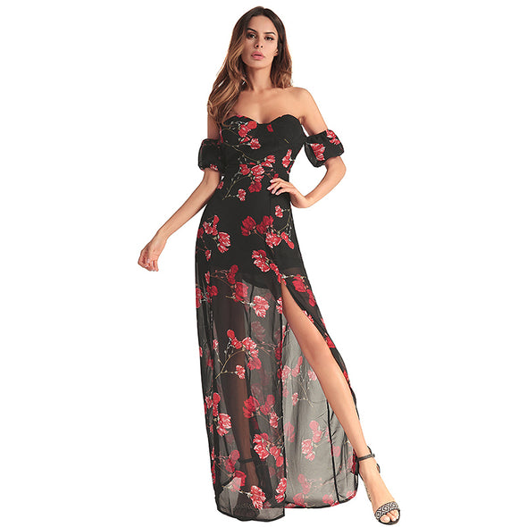 Boho Strapless Chiffon Floral Print Sexy Slash Neck Split Maxi Dress