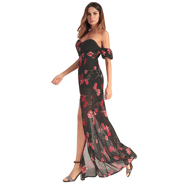 Boho Strapless Chiffon Floral Print Sexy Slash Neck Split Maxi Dress