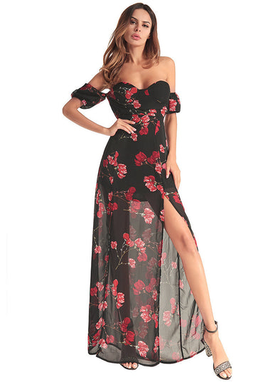 Boho Strapless Chiffon Floral Print Sexy Slash Neck Split Maxi Dress