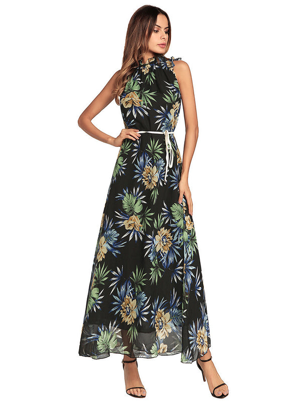 Boho Halter Floral Print Off Shoulder With Belt Casual Maxi Dresses