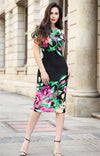 Casual O-Neck Sexy Flower Print Back Zip Vintage Pencil Sheath Midi Dress