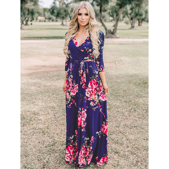 Sexy Deep V Neck Beach Casual Half Sleeve Boho Printed Women Long Maxi Dresses