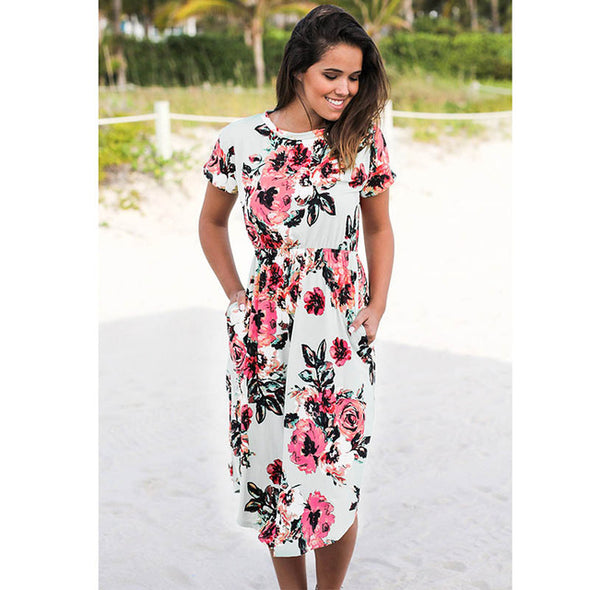 2022 Women Floral Print Boho Long Dresses Sexy Summer Maxi Beach Tunic Dress