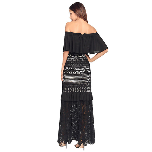 2022 Strapless Lace Patchwork Solid Boho Hollow Out Elegant Zipper  Maxi Dresses