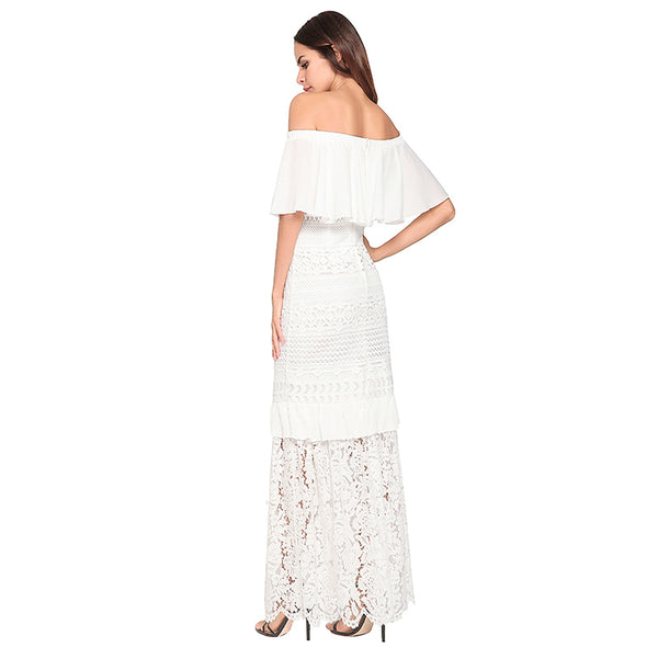 2022 Strapless Lace Patchwork Solid Boho Hollow Out Elegant Zipper  Maxi Dresses